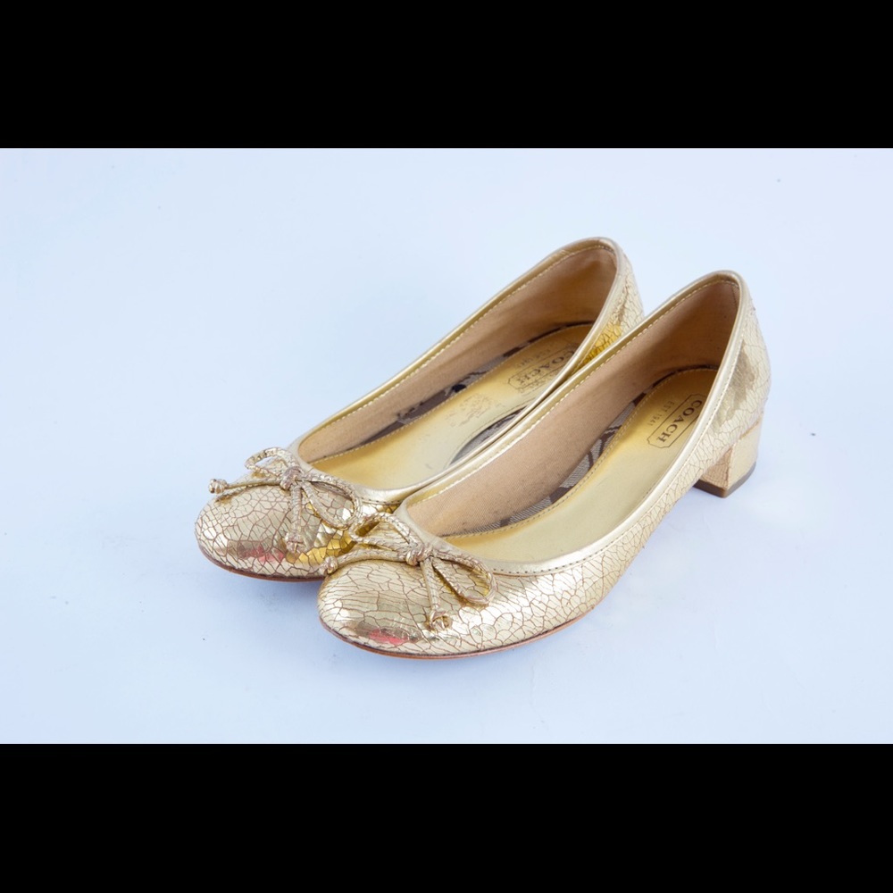 Coach odella cracked gold block heels